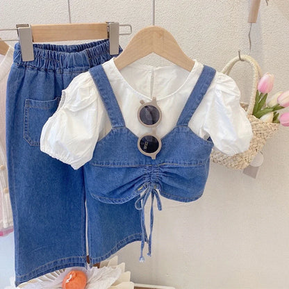 Ruched Denim Vest, Puff-Sleeve Top & Wide-Leg Jeans Set for Girls