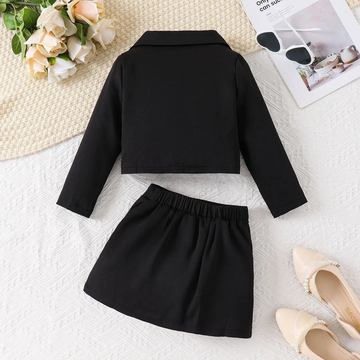 3D Rose Girls’ Blazer & Pleated Skirt Set