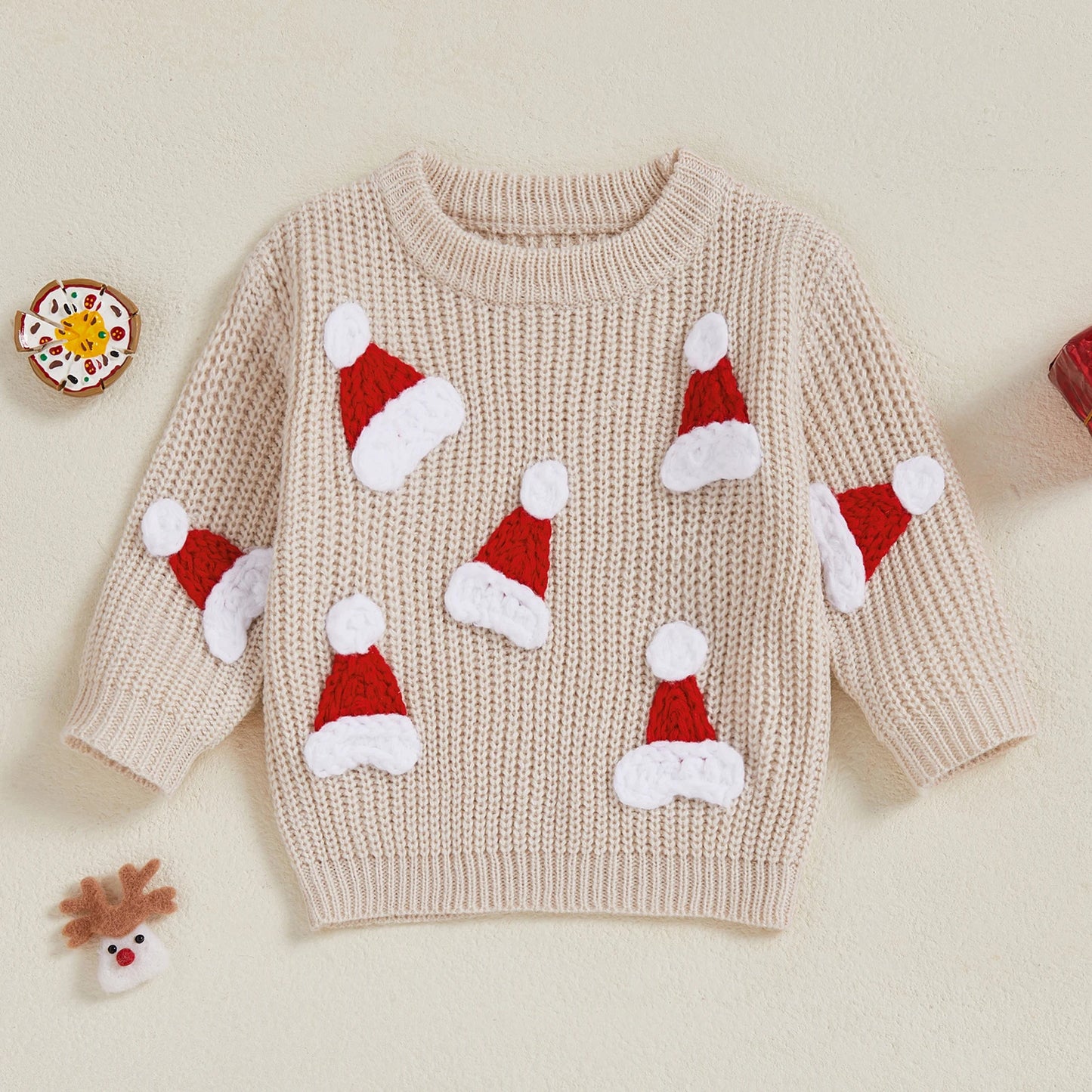 Baby Christmas Knit Sweater – Santa Hat & Tree Embroidery Crewneck (0–18 Months)