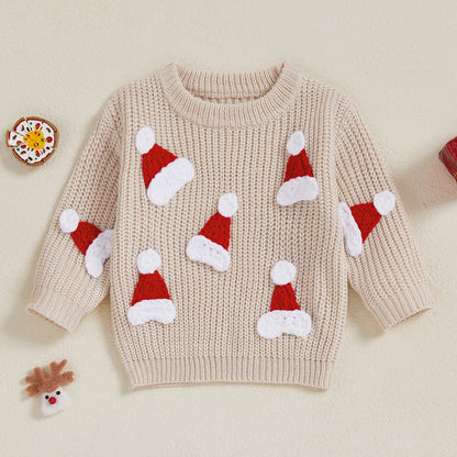 Baby Christmas Knit Sweater – Santa Hat & Tree Embroidery Crewneck (0–18 Months)