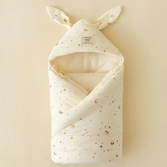 Bunny Ear Hooded Cotton Baby Swaddle Wrap with Quilted Lining