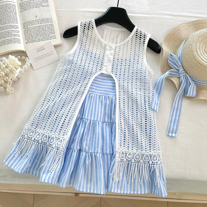 Blue Striped Tiered Dress & Crochet Vest Set for Girls