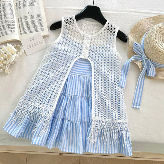 Blue Striped Tiered Dress & Crochet Vest Set for Girls