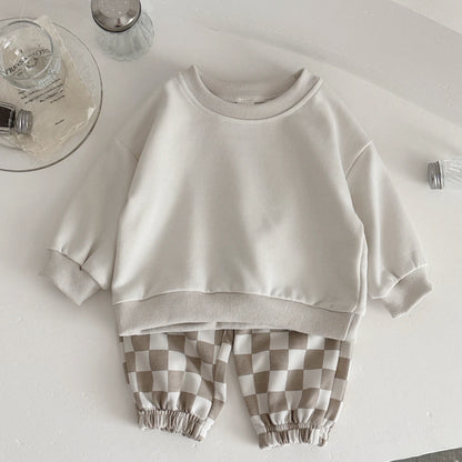 Cozy Two-Piece Baby Outfit – Soft Pullover Top & Checkered Pants Set (6 Months–3 Years)
