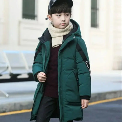 Contrast-Panel Longline Hooded Winter Coat for Boys