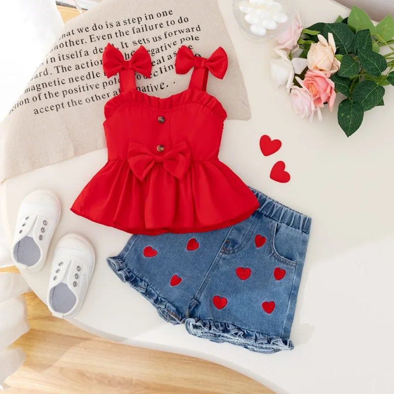 Bow-Shoulder Peplum Top & Heart Denim Shorts Set