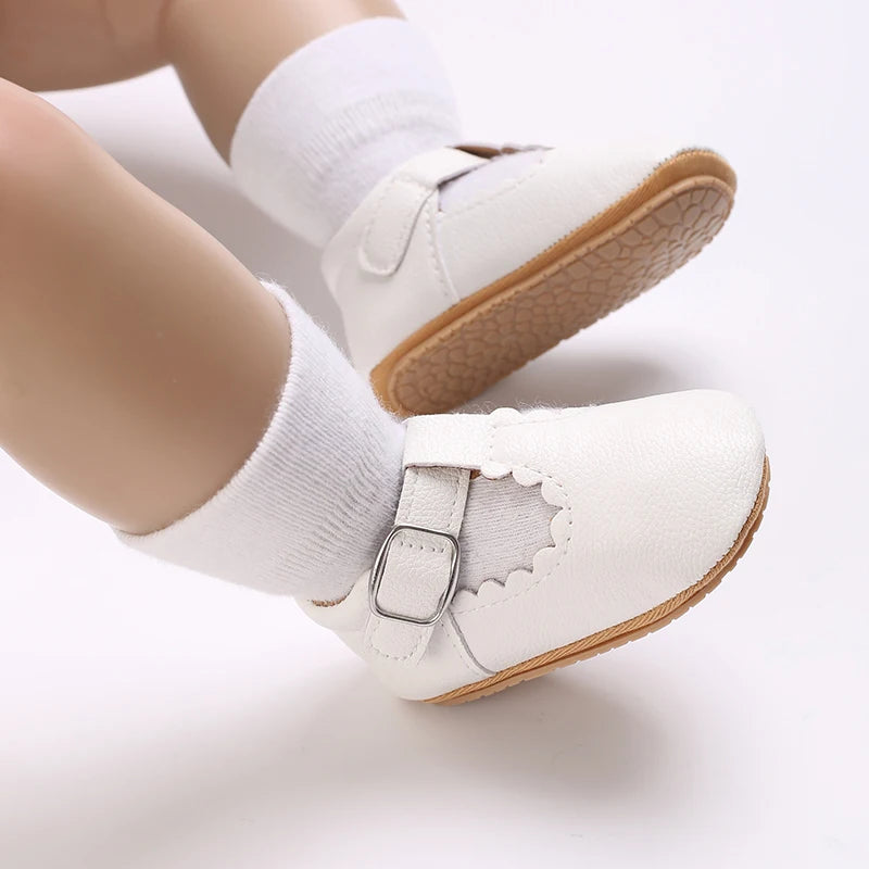 Scalloped T-Strap Baby Mary Jane Shoes with Bows & Cutout Details