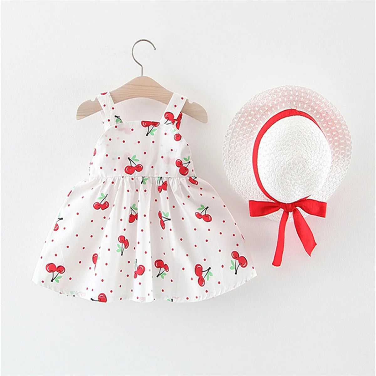 Cherry Picnic Bow Sundress & Ribbon Sun Hat Set for Baby Girls