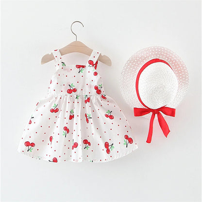 Cherry Picnic Bow Sundress & Ribbon Sun Hat Set for Baby Girls