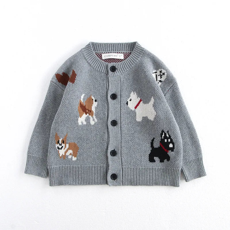 Unisex Kids Dog Knit Cardigan Sweater (18–24 Months to 8 Years) – Button-Front, Cozy Crew Neck