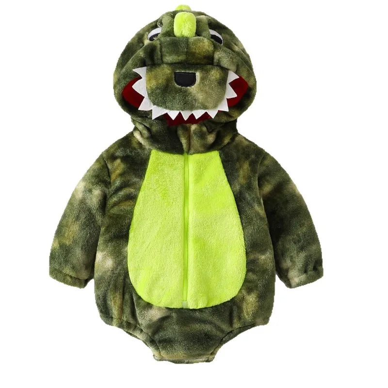Plush Dinosaur Baby Romper with Hood & Matching Sock Covers
