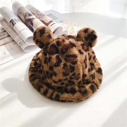 Plush Bear-Ear Winter Bucket Hat for Girls
