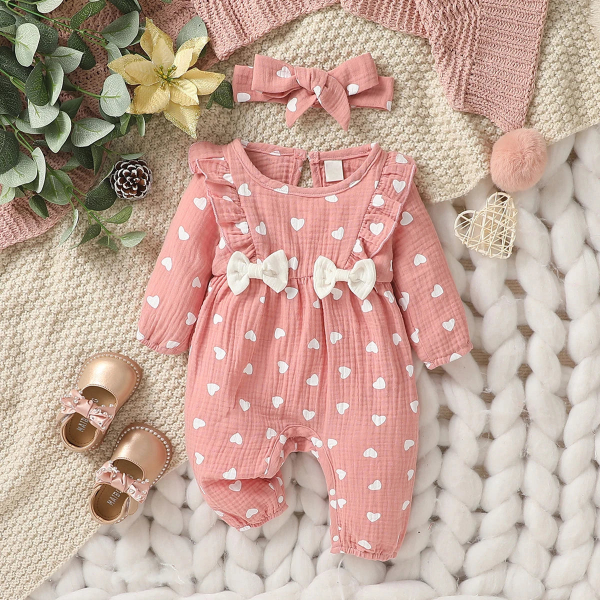 Bow-Detail Textured Cotton Romper & Headband Set for Baby Girls