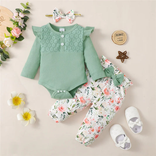 Floral Ribbed Bodysuit, Pants & Bow Headband Set for Baby Girls