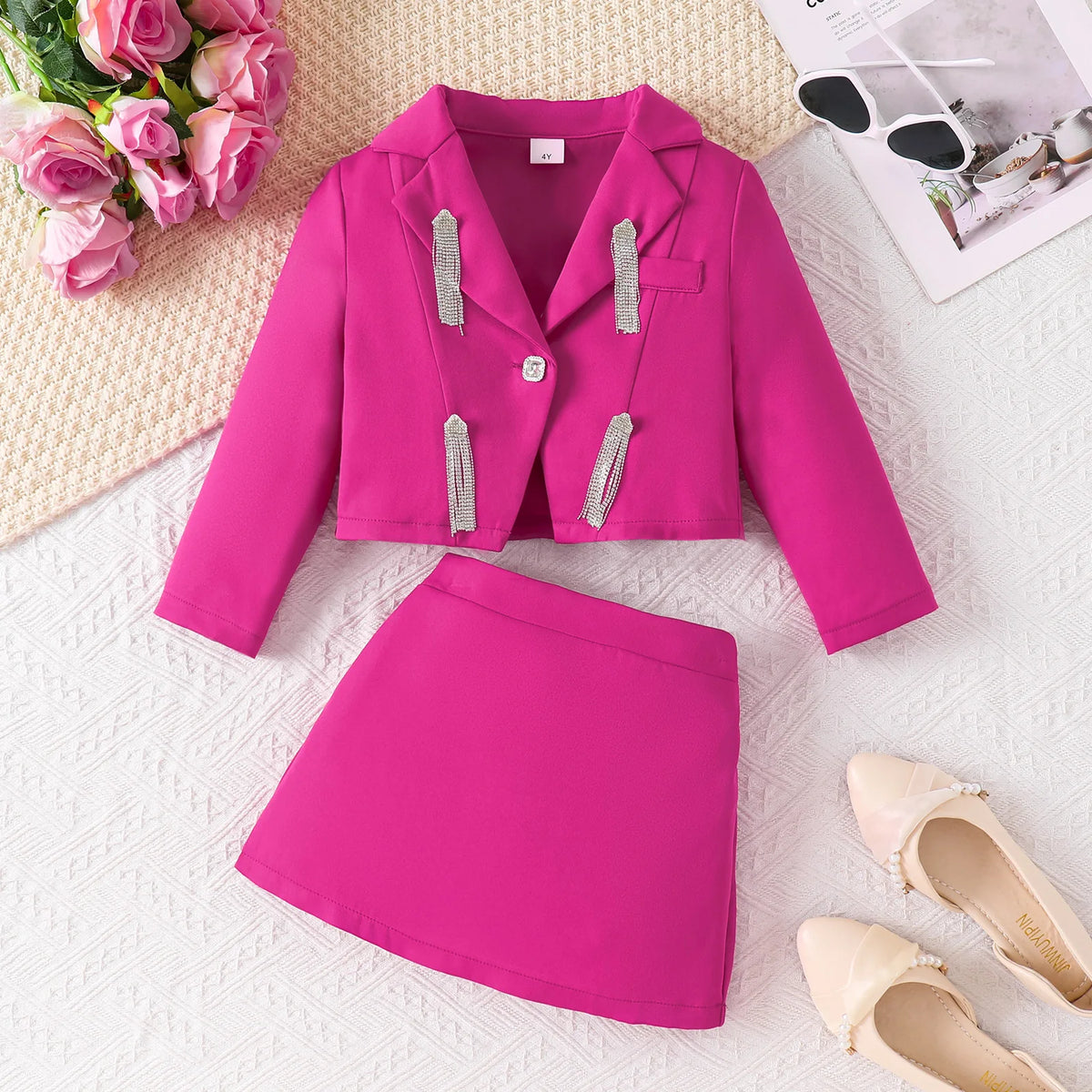 3D Rose Girls’ Blazer & Pleated Skirt Set
