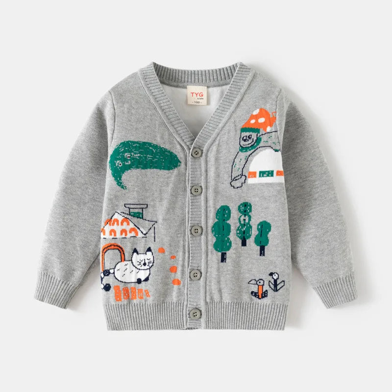 Unisex Kids Cotton Knit Cardigan Sweater (2–8 Years) – Button-Front V-Neck, Storybook Print