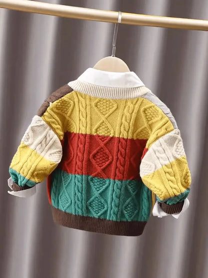 Colorblock Cable Knit Button-Up Cardigan for Kids
