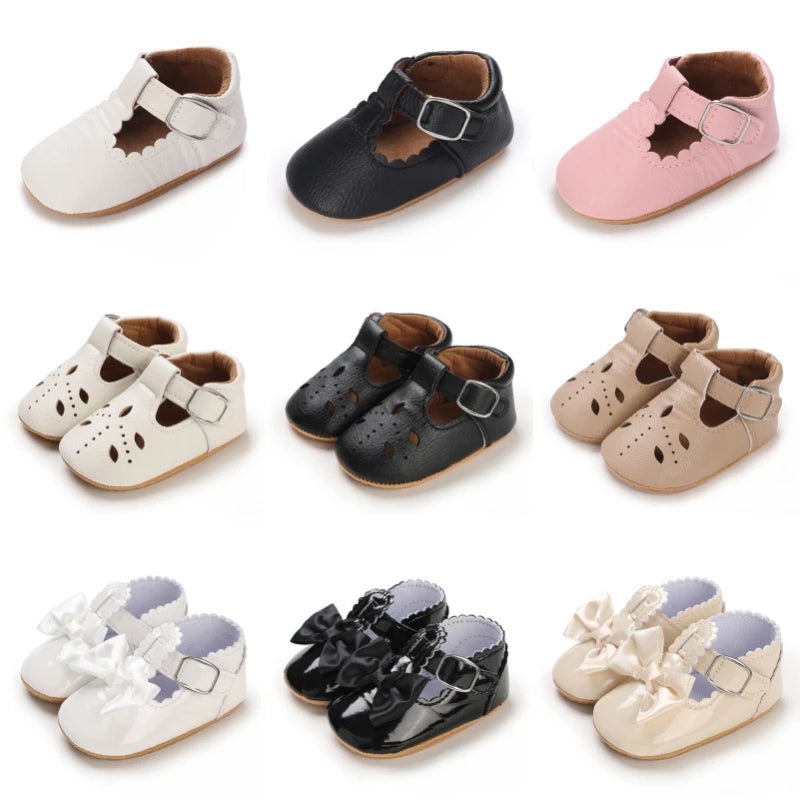 Scalloped T-Strap Baby Mary Jane Shoes with Bows & Cutout Details