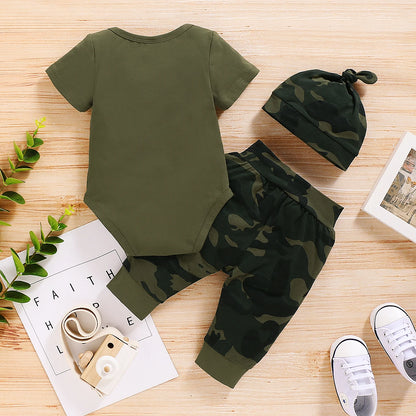 Camo “Mama’s Boy” Bodysuit, Joggers & Hat Set