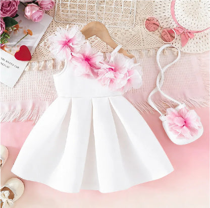 Flower-Shoulder A-Line Party Dress for Girls