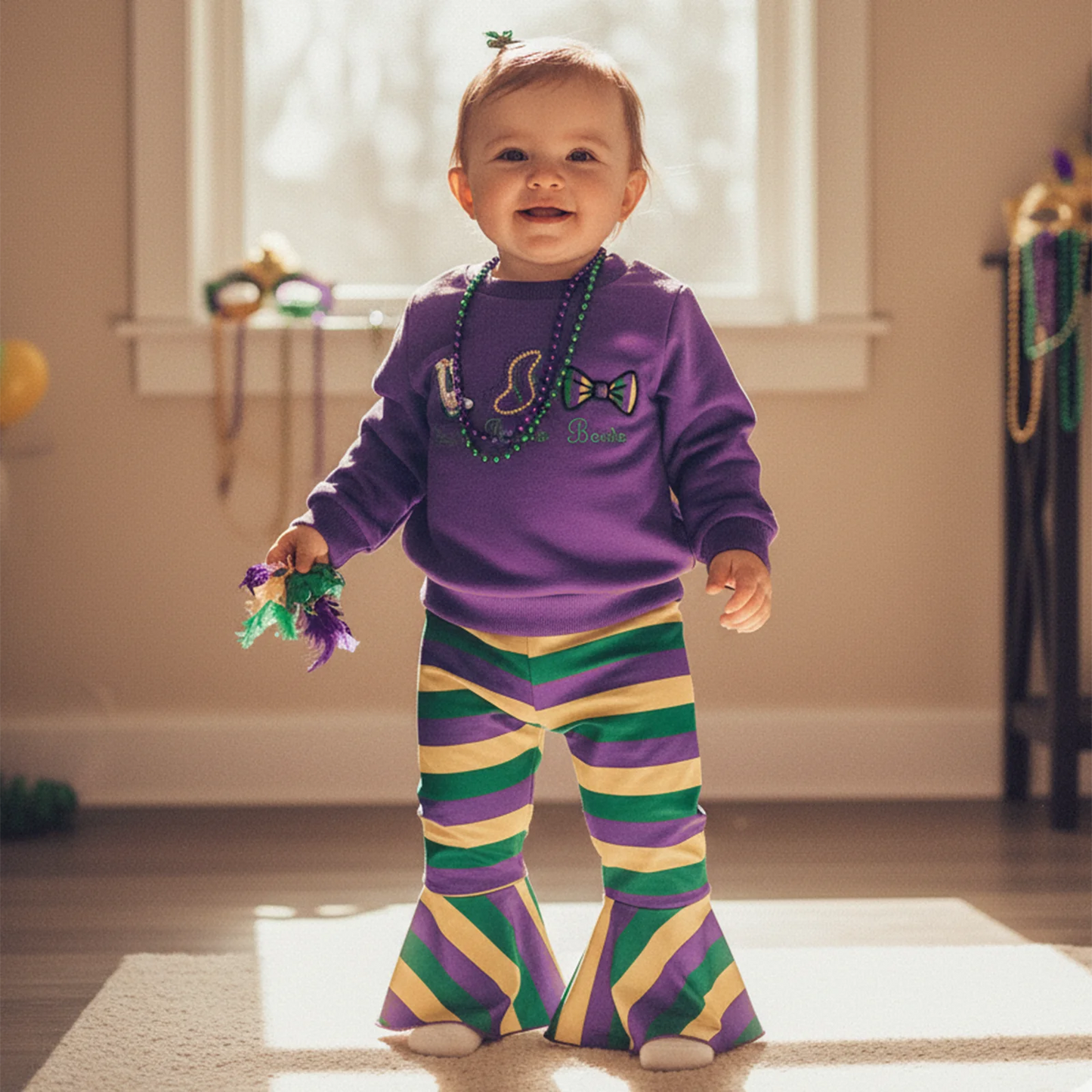 Embroidered Sweatshirt & Striped Flare Pants Set for Girls