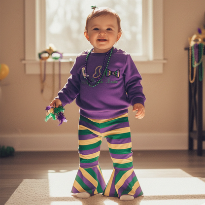 Embroidered Sweatshirt & Striped Flare Pants Set for Girls
