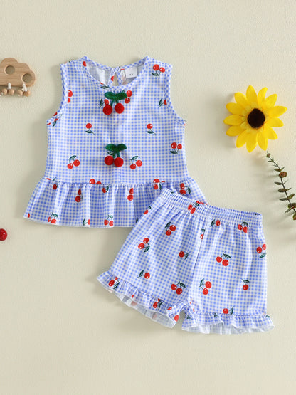 Cherry Picnic Gingham Tank & Ruffle Shorts Set for Girls