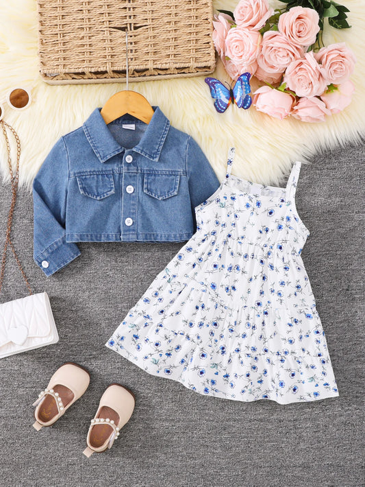 Cropped Denim Jacket & Blue Floral Tiered Dress Set | Baby Girl Two-Piece Spring Outfit