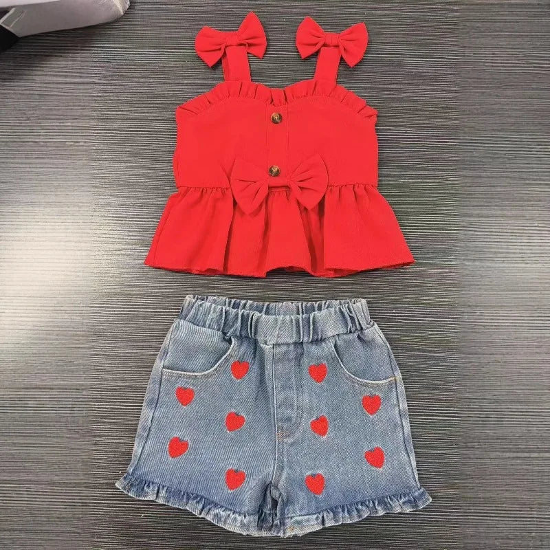Bow-Shoulder Peplum Top & Heart Denim Shorts Set