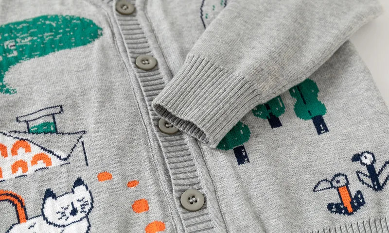 Unisex Kids Cotton Knit Cardigan Sweater (2–8 Years) – Button-Front V-Neck, Storybook Print