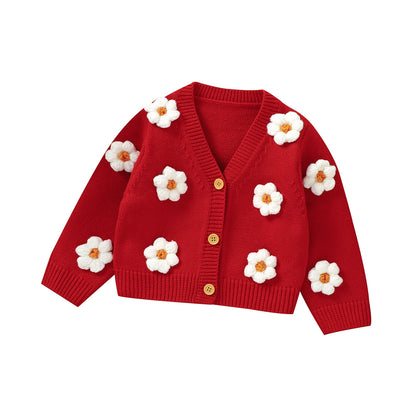 3D Daisy V-Neck Knit Cardigan for Baby Girls