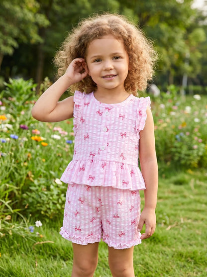 Pink Gingham Bow Ruffle Top & Shorts Set for Baby Girls