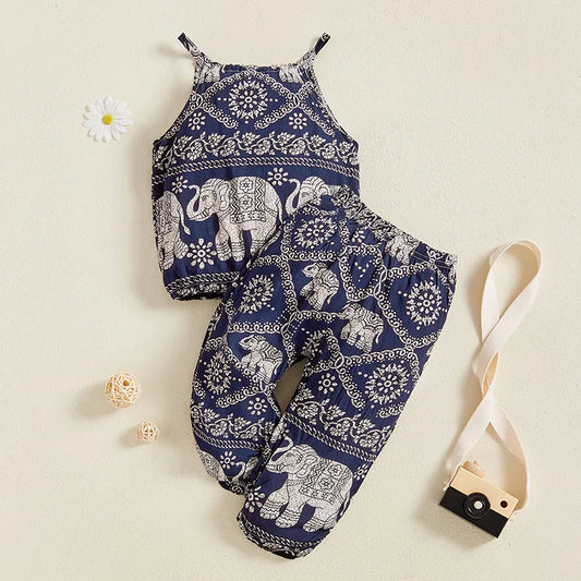 Elephant Print Sleeveless Top & Harem Pants Set for Girls