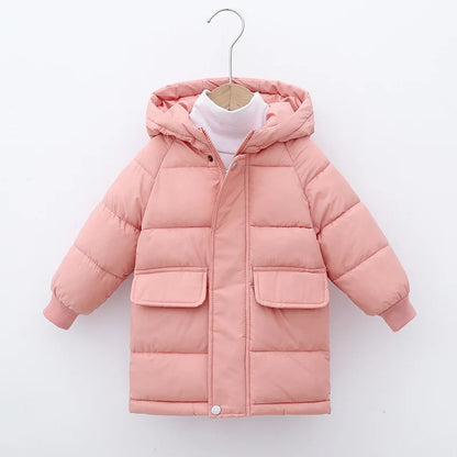 Hooded Winter Puffer Coat for Kids – Warm, Wind-Resistant Long Jacket