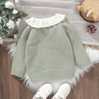 Baby & Toddler Girls Knit Cardigan Sweater (6 Months–3 Years) – Ruffled Collar, Rooster Embroidery