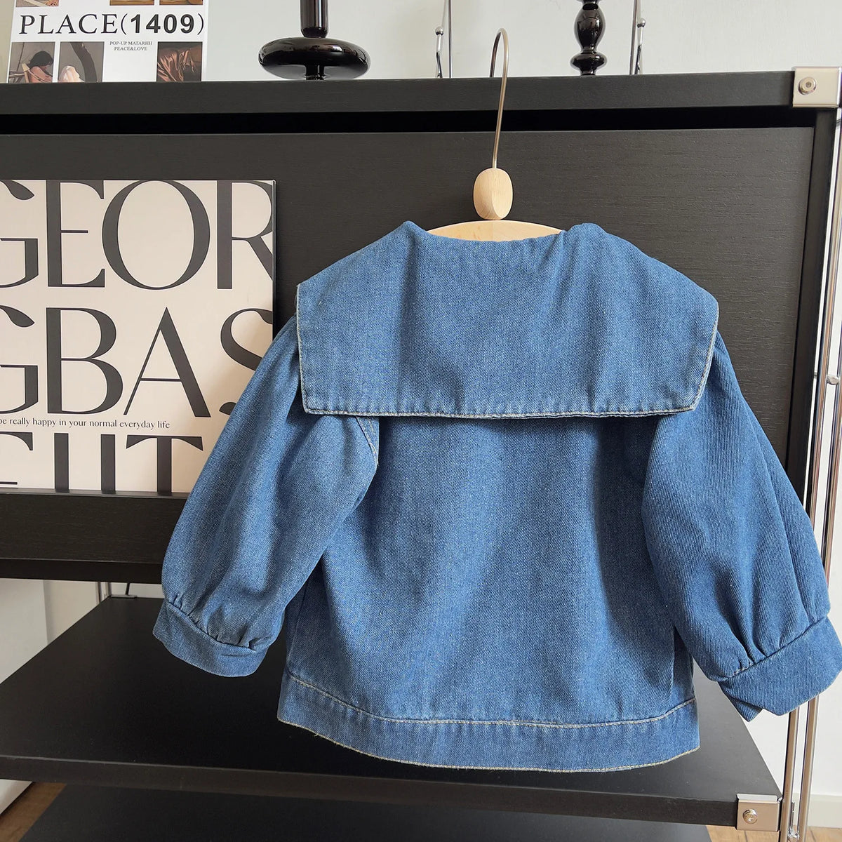 Scalloped Sailor Collar Denim Jacket for Girls
