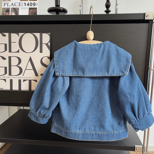 Scalloped Sailor Collar Denim Jacket for Girls