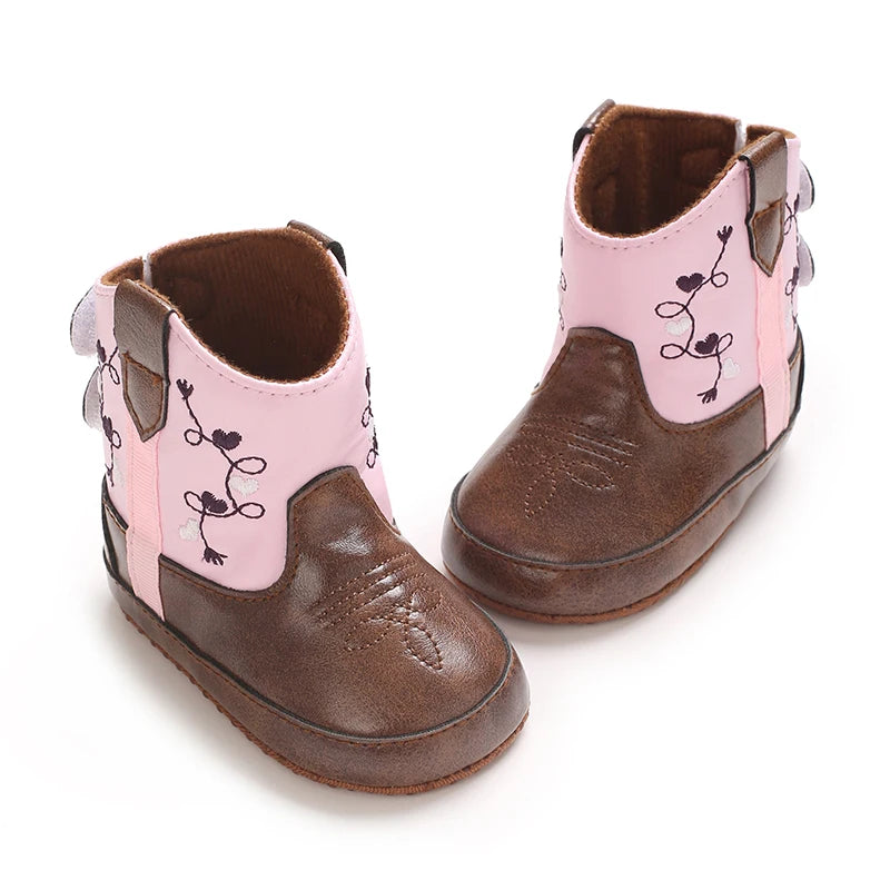 Western Floral Embroidered Baby Cowboy Boots with Soft Cotton Soles