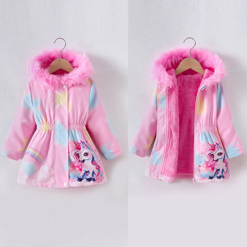 Little Girls' Fur-Trimmed Unicorn Parka Jacket – Plush-Lined Zip-Up Hooded Coat for Fall & Spring (4–7 years)