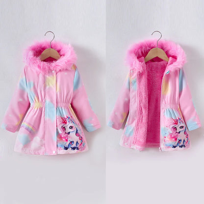 Little Girls' Fur-Trimmed Unicorn Parka Jacket – Plush-Lined Zip-Up Hooded Coat for Fall & Spring (4–7 years)