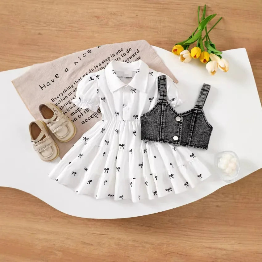 Bow-Print Tiered Dress & Cropped Denim-Look Vest Set for Baby Girls