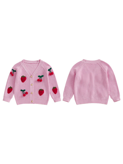 Cherry Knit Button-Up Cardigan for Toddlers and Kids – Soft V-Neck Sweater