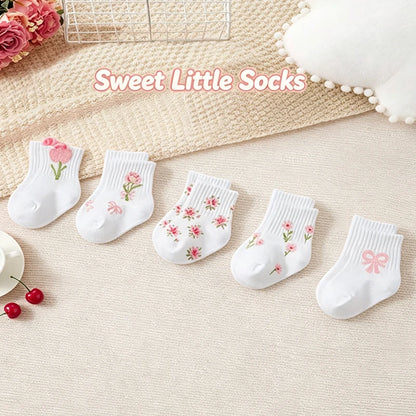 5-Pack Pink Floral & Bow Baby Girl Crew Socks