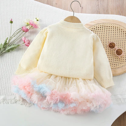 Pastel Petal Knit Sweater & Ruffle Tutu Skirt Set for Girls