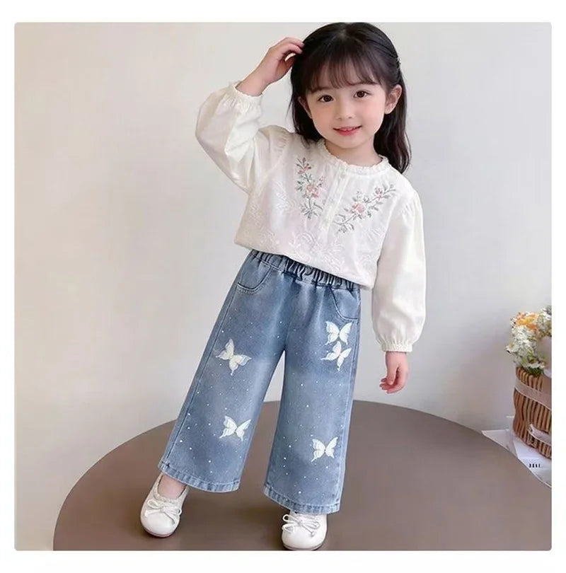 Butterfly & Bow Wide-Leg Denim Pants for Girls
