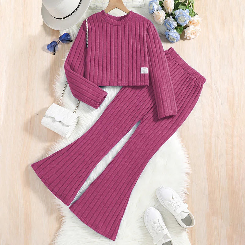 Ribbed Flare Girls’ Lounge Set with Cropped Long-Sleeve Top