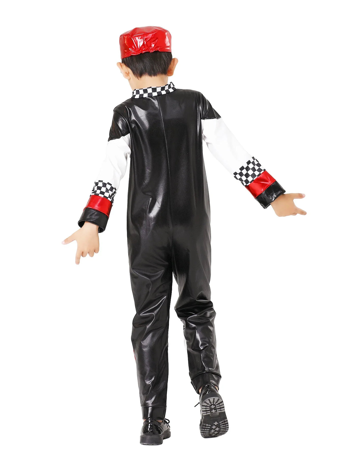 Costume Racing Driver Jumpsuit for Kids – Red & Checkered Race Car Dress-Up Set with Gloves