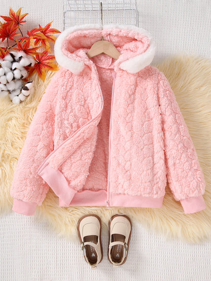 Plush Cable-Texture Hooded Winter Jacket for Girls