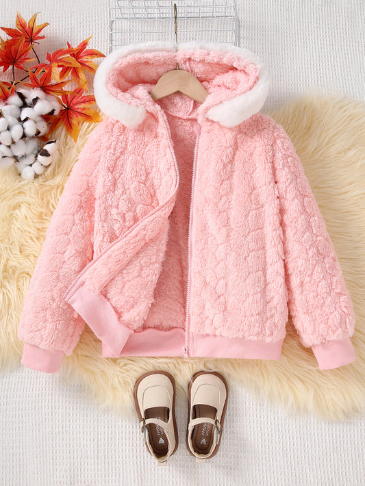 Plush Cable-Texture Hooded Winter Jacket for Girls