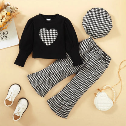 Houndstooth Heart Girls’ Top, Flare Pants & Beret Set